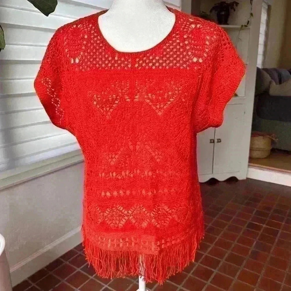 Chico's Tops - CHICO'S Alana Fringe Pullover Crochet Sweater in Red Orange | Size 1